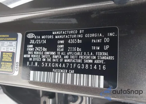 2015 Kia Optima Ex из США, поврежденный, VIN 5XXGN4A71FG381416